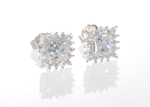 Halo Cubic Zirconia Square Stud Earrings Sterling Silver 8mm Micropave Outline - Jewelryland.com