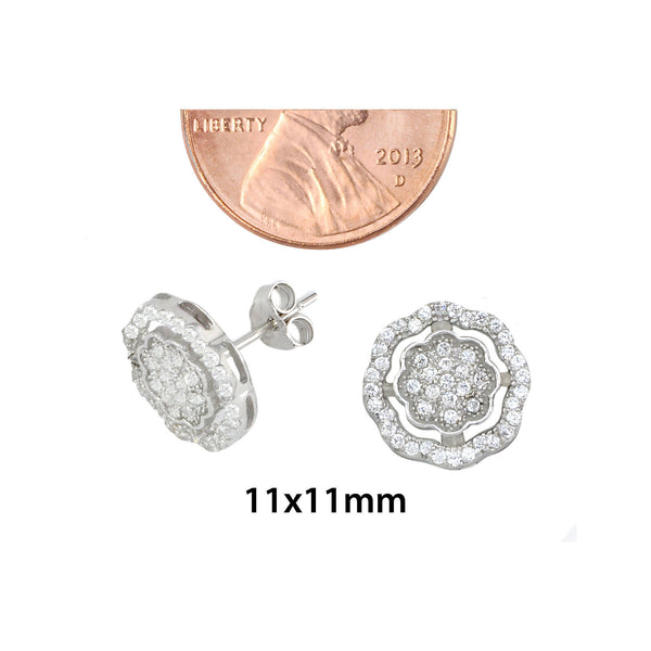 Sterling Silver Stud Earrings Micropave Fancy Octagon Design 11mm x 11mm - Jewelryland.com