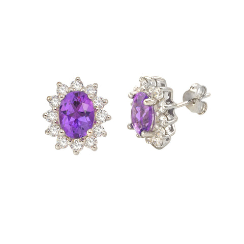 Amethyst Gemstone Flower Stud Earrings 925 Sterling Silver Micropave CZ Accent - Jewelryland.com