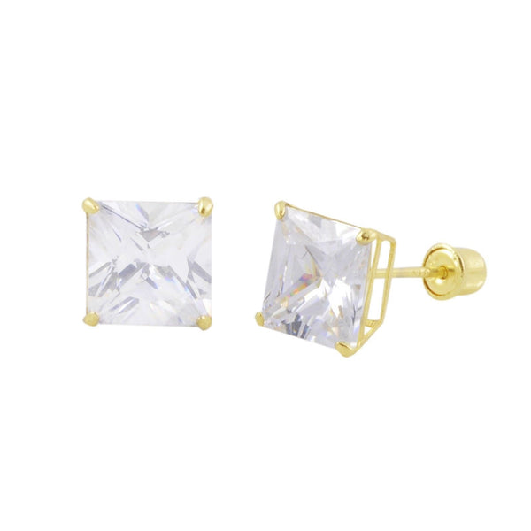 Square Princess Cut Clear CZ Stud Earrings Screwbacks 14k Yellow Gold BASKET Set - Jewelryland.com