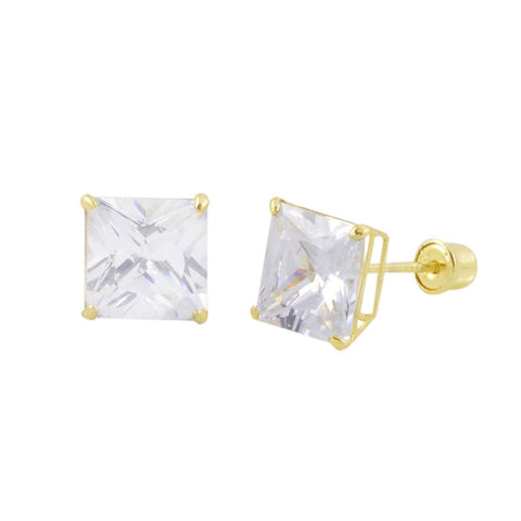 Square Princess Cut Clear CZ Stud Earrings Screwbacks 14k Yellow Gold BASKET Set - Jewelryland.com