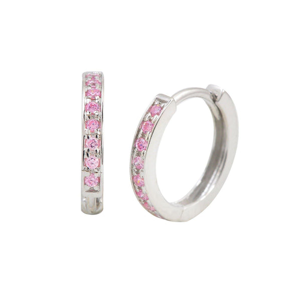 Sterling Silver Hoop Earrings for Girls 1 Row Pink Cubic Zirconia 12mm x 2mm - Jewelryland.com