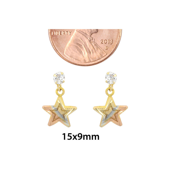 10k Gold Dangle Star Earrings with Screwbacks Tri Color Yellow White Rose Gold - Jewelryland.com