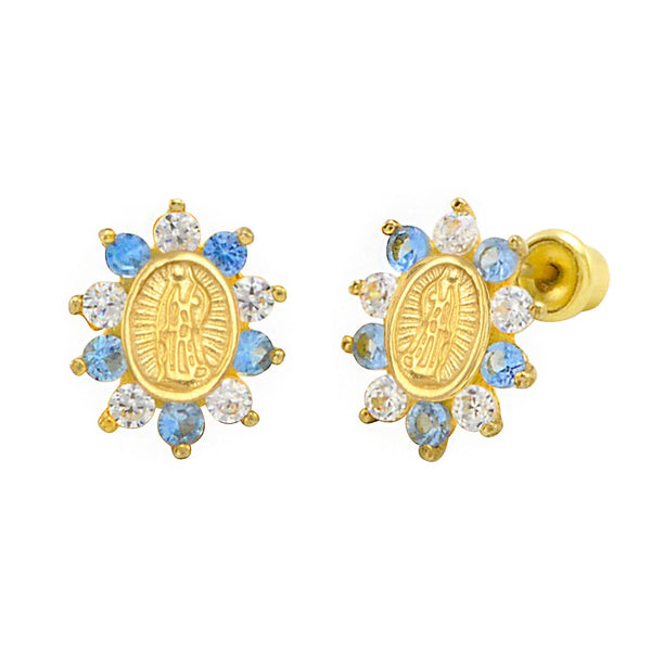 Sterling Silver Guadalupe Stud Earrings Aqua Cubic Zirconia Gold Plated 10mm - Jewelryland.com