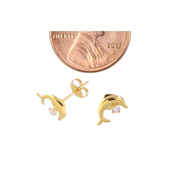 Dolphin Stud Earrings 14k Yellow Gold 9mm CZ - Jewelryland.com