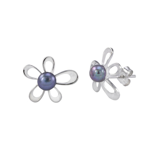 Flower Earrings Black Pearl Studs .925 Sterling Silver - Jewelryland.com