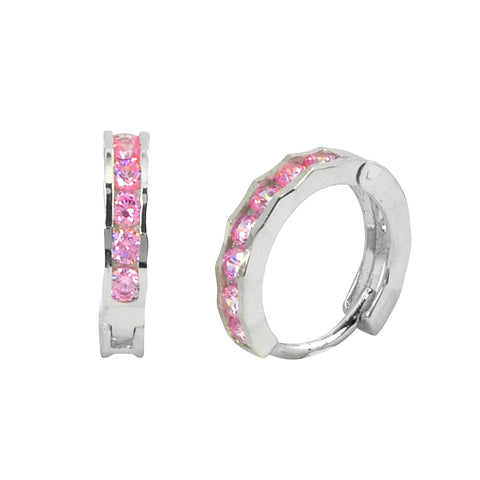 Sterling Silver Hoop Earrings 1 Row Pink Cubic Zirconia Fancy Setting 13mm x 3mm - Jewelryland.com