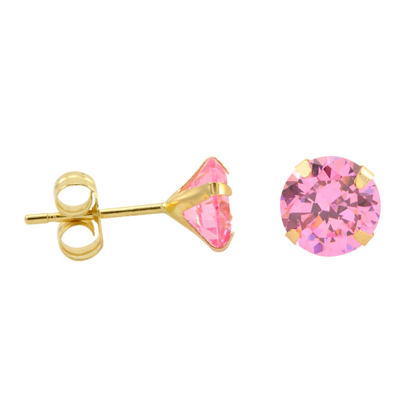 10k Yellow Gold Stud Earrings Pink CZ Cubic Zirconia Round Prong Set - Jewelryland.com
