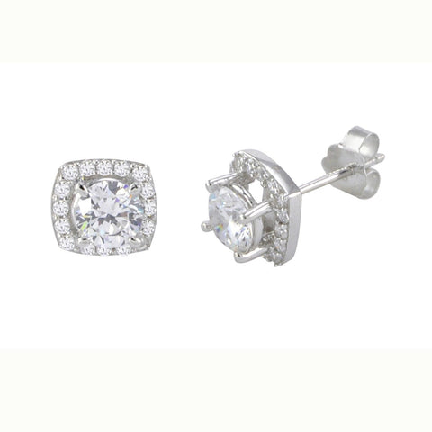 Stud Earrings Sterling Silver Pave White CZ Cubic Zirconia 7mm Rounded Square - Jewelryland.com