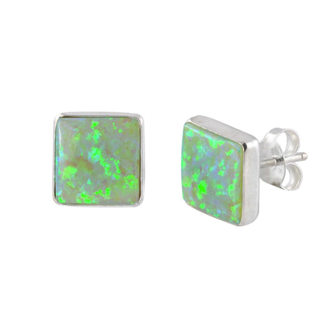 Opal Gemstone Stud Earrings Iridescent Green Sterling Silver 9mm Square - Jewelryland.com