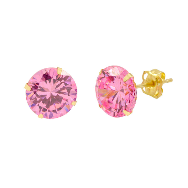 14k Yellow Gold Pink CZ Earrings Round Cubic Zirconia October Birthstone Studs - Jewelryland.com