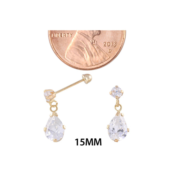 10k Yellow Gold Dangle Drop Earrings Teardrop Clear CZ Studs Screwbacks 15mm - Jewelryland.com