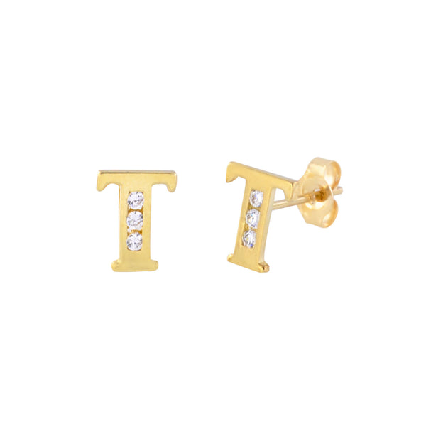 10k Yellow Gold Letter T Initial Stud Earrings Cubic Zirconia 7mm - Jewelryland.com