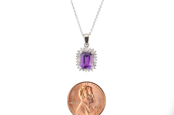 Sterling Silver 1.33ct Amethyst & Diamond Pendant Necklace - Rectangle Gemstone - Jewelryland.com
