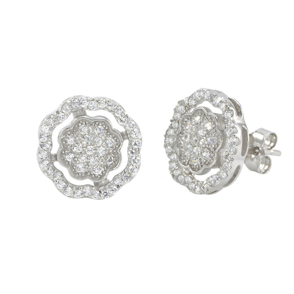 Sterling Silver Stud Earrings Micropave Fancy Octagon Design 11mm x 11mm - Jewelryland.com