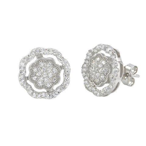 Sterling Silver Stud Earrings Micropave Fancy Octagon Design 11mm x 11mm - Jewelryland.com