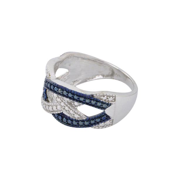 Blue & White Diamond Ring Sterling Silver .02ct - Criss Cross Weave Design - Jewelryland.com