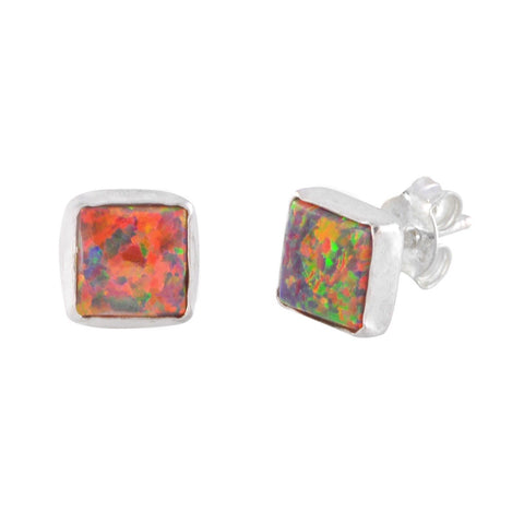 Square Opal Stud Earrings iridescent Orange 7mm Sterling Silver USA - Jewelryland.com