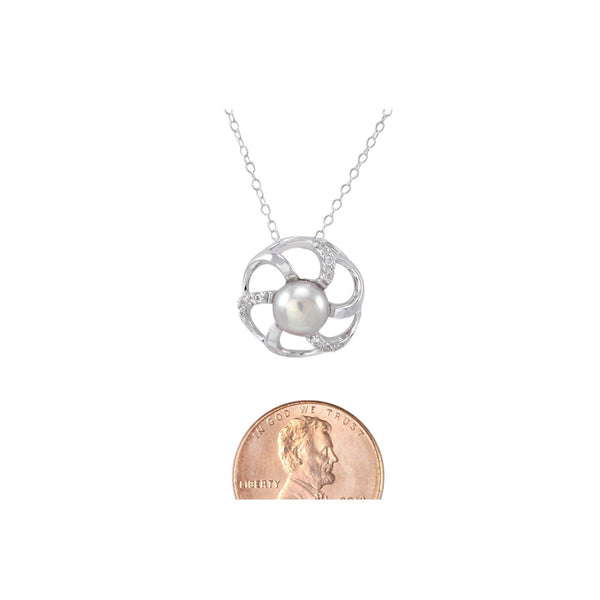 Pink Pearl Flower Necklace 6 Petal with White CZ .925 Sterling Silver, 18" Chain - Jewelryland.com