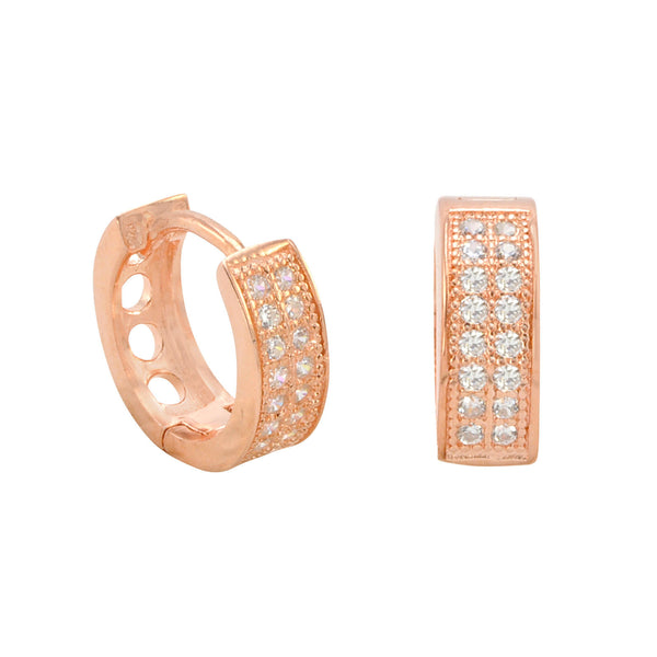 Sterling Silver Huggie Hoop Earrings Rose Gold Plated 2 Row CZ 14mm x 5mm - Jewelryland.com