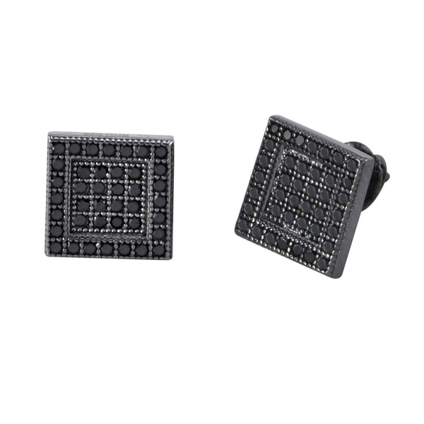 Bling Screwback Earrings .925 Silver Raised Black CZ Border 9mm Square - Jewelryland.com