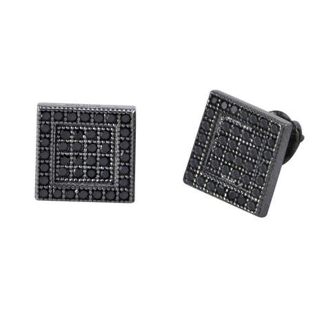 Bling Screwback Earrings .925 Silver Raised Black CZ Border 9mm Square - Jewelryland.com