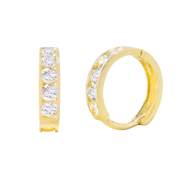 14k Yellow Gold Small Huggie Hoop Earrings Clear CZ Cubic Zirconia 9mm x 2mm - Jewelryland.com