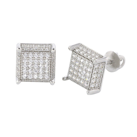 Pave Earrings Sterling Silver Cubic Zirconia 9mm Square 3d 2Row CZ Sidestones - Jewelryland.com