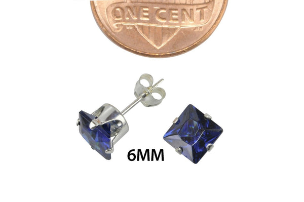 Sapphire CZ Earrings Silver Square Blue September Birthstone Studs Prong Zircon - Jewelryland.com