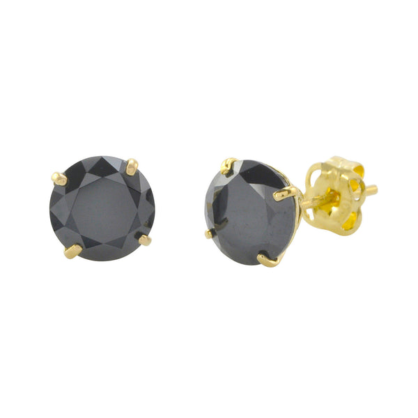 10k Yellow Gold Round Black CZ Stud Earrings Cubic Zirconia Basket Setting - Jewelryland.com