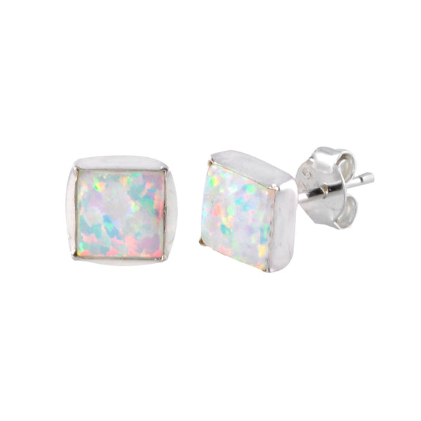 Sterling Silver Opal Gemstone Stud Earrings Iridescent Pearl 7mm Square - Jewelryland.com
