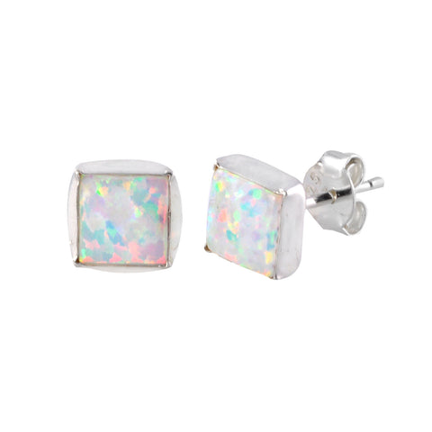 Sterling Silver Opal Gemstone Stud Earrings Iridescent Pearl 7mm Square - Jewelryland.com