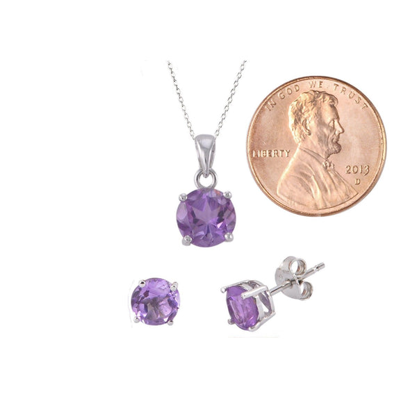 925 Sterling Silver Amethyst Gemstone Pendant Necklace and Earrings Set Purple - Jewelryland.com