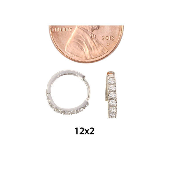 Huggie Earrings Hinged Hoops 14k White Gold Cubic Zirconia 12mm x 2mm - Jewelryland.com
