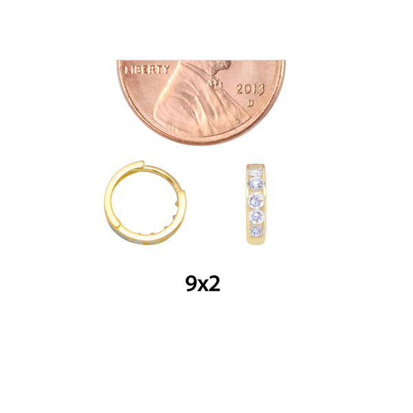 14k Yellow Gold Small Huggie Hoop Earrings Clear CZ Cubic Zirconia 9mm x 2mm - Jewelryland.com