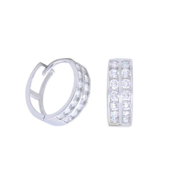 10k White Gold Small Huggie Hoop Earrings Two Row CZ Cubic Zirconia 12mm x 4mm - Jewelryland.com