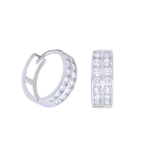 10k White Gold Small Huggie Hoop Earrings Two Row CZ Cubic Zirconia 12mm x 4mm - Jewelryland.com