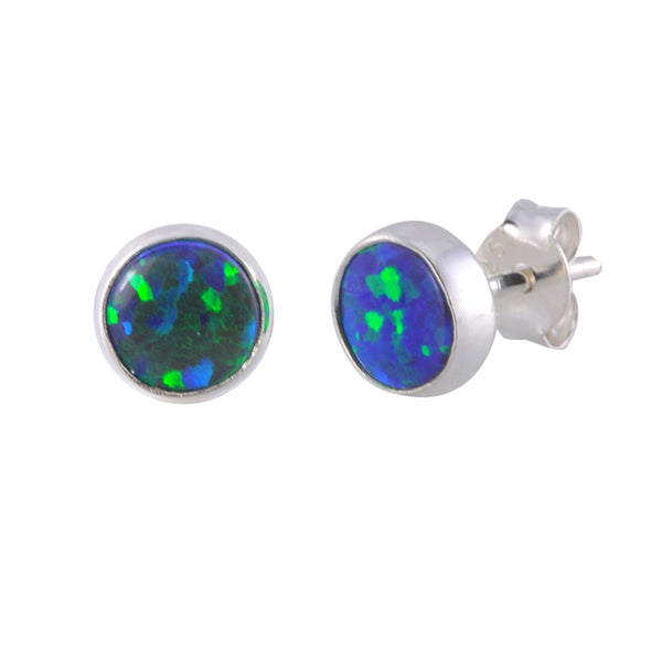 Sterling Silver Opal Stud Earrings Navy Blue Green Gemstone 7mm Round - Jewelryland.com