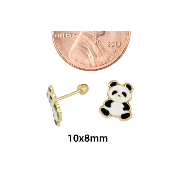 10k Yellow Gold Panda Bear Screwback Stud Earrings Hand Painted 10x8 - Jewelryland.com