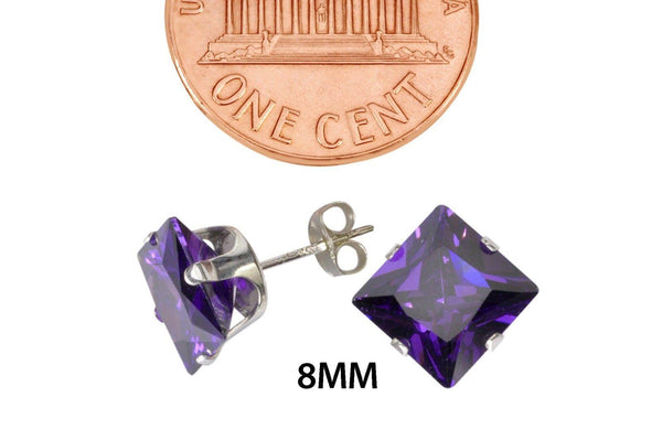 Sterling Silver Square Purple CZ Cubic Zironia Stud Earrings February Birthstone - Jewelryland.com