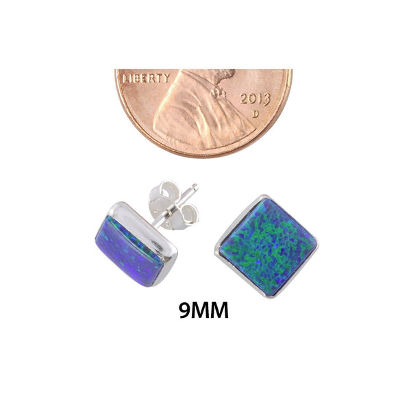 Opal Gemstone Stud Earrings Navy Blue Green Sterling Silver 9mm Square - Jewelryland.com