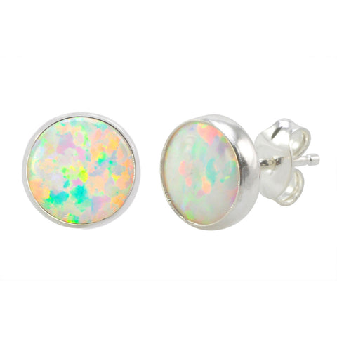 Sterling Silver White Opal Earring Studs 9mm Round - Jewelryland.com