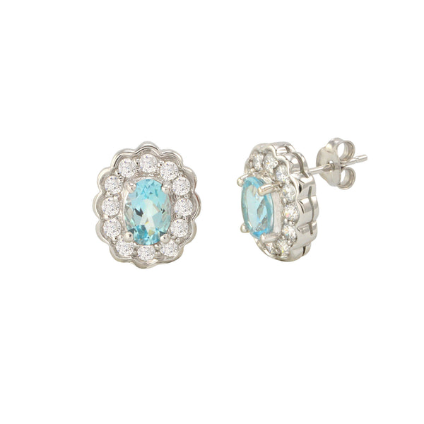 Blue Topaz Gemstone Stud Earrings 925 Sterling Silver Fancy Oval CZ Accent - Jewelryland.com
