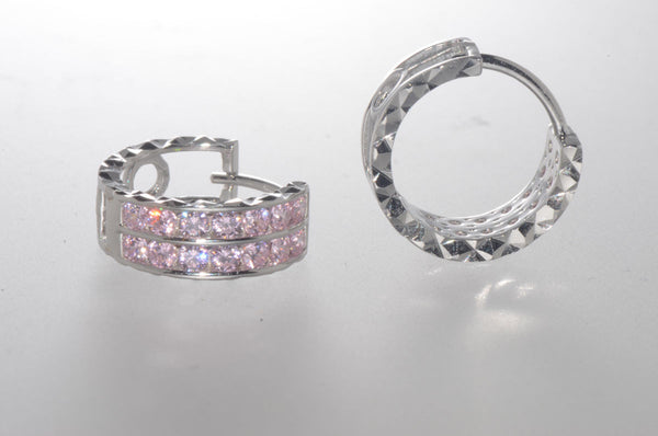 Sterling Silver Pink CZ Hoop Earrings 2 Row Cubic Zirconia CZ 14mm x 6mm - Jewelryland.com