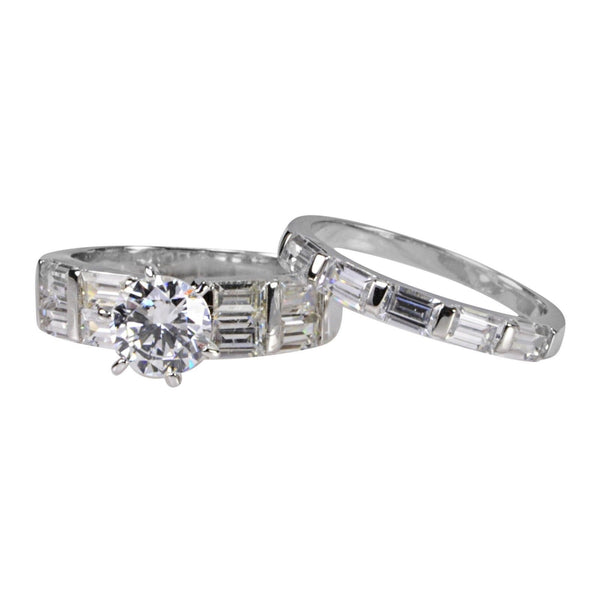 Sterling Silver 7mm Cubic Zirconia Round CZ Engagement Ring & 3mm Band Rhodium - Jewelryland.com