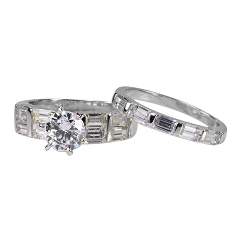 Sterling Silver 7mm Cubic Zirconia Round CZ Engagement Ring & 3mm Band Rhodium - Jewelryland.com