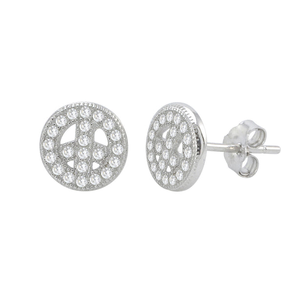 Micropave Peace Sign Stud Earrings 925 Sterling Silver 8mm Tiny - Jewelryland.com