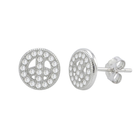 Micropave Peace Sign Stud Earrings 925 Sterling Silver 8mm Tiny - Jewelryland.com