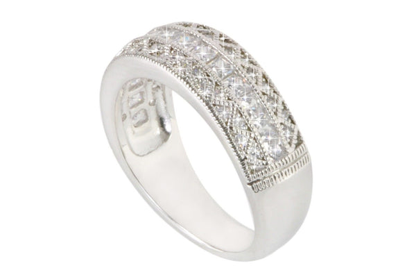Womens CZ Ring Sterling Silver 7mm 3 row Cubic Zirconia Band With Rhodium - Jewelryland.com