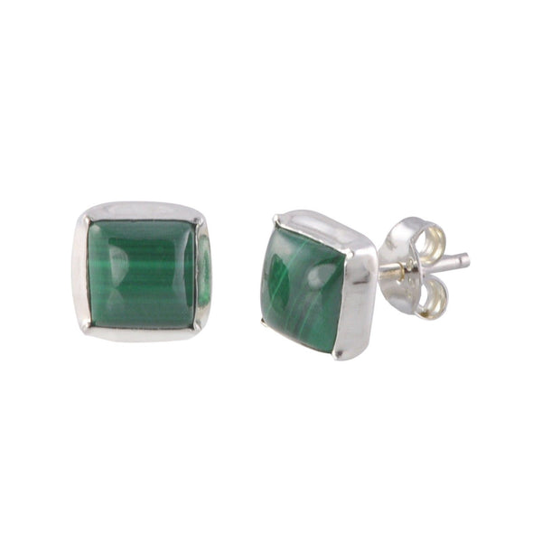 Malachite Gemstone Stud Earrings 7mm Square Sterling Silver .925 - USA - Jewelryland.com